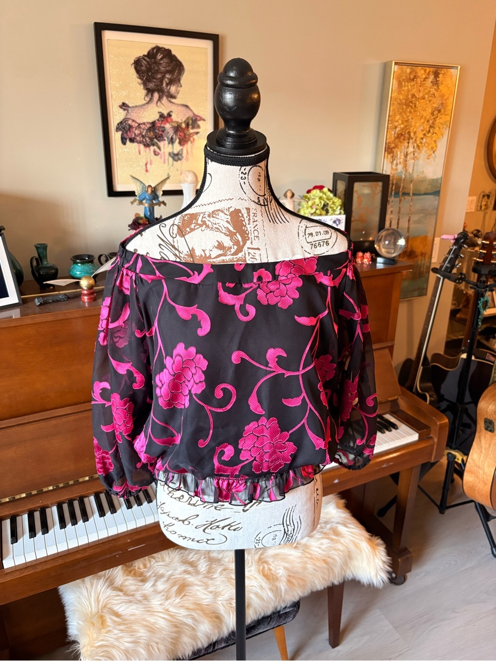 Off-Shoulder Black Blouse with Hot Pink Floral Appliqué